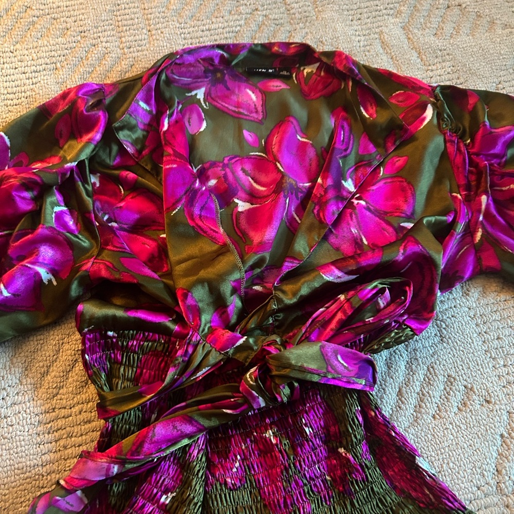 Floral Satin Wrap Blouse - Pink and Green